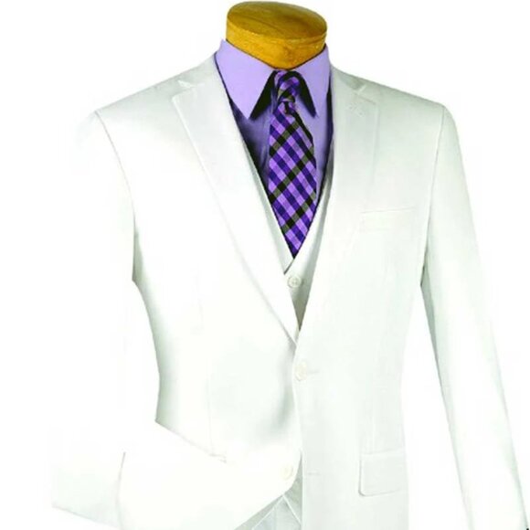 Mens Basic 2 Button Vested Slim Fit Suit in White